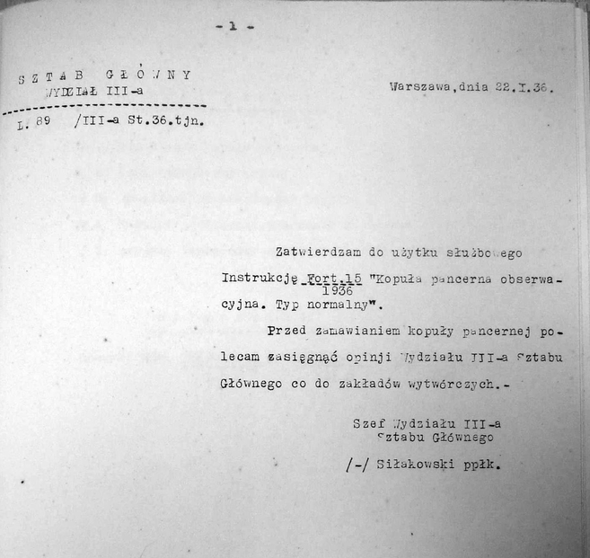 Instrukcja Fort. 15-1936 kopuła pancerna obserwacyjna. Typ normalny .