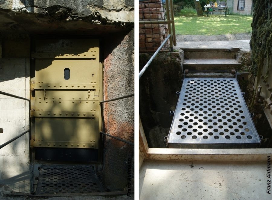 Fot. 08. od lewej: Drzwi chroniące wejście do schronu. Kładka przez rów diamentowy.