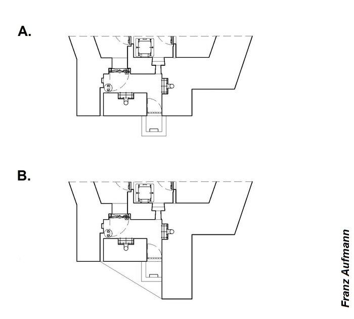 Rys. 03. Tylna elewacja dwukondygnacyjnego schronu na dwa ckm-y i 45 mm armatę przeciwpancerną w prawej izbie (OPDOT). -A. standardowe rozwiązanie, -B. rozwiązanie z przedłużoną ścianą boczną i okapem nad wejściem.