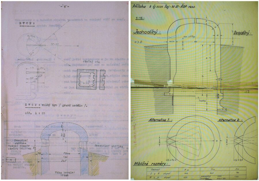 Rys. 06 – (od lewej strony) Pierwsze szczegółowe rysunki francuskich kopuł wykonane przez ŘOP po wizycie czechosłowackich oficerów we Francji w maju 1935 r. Rys. 07 – Pierwsze wymagania ŘOP dotyczące kopuły z dwoma ciężkimi karabinami maszynowymi z maja 1935 r.