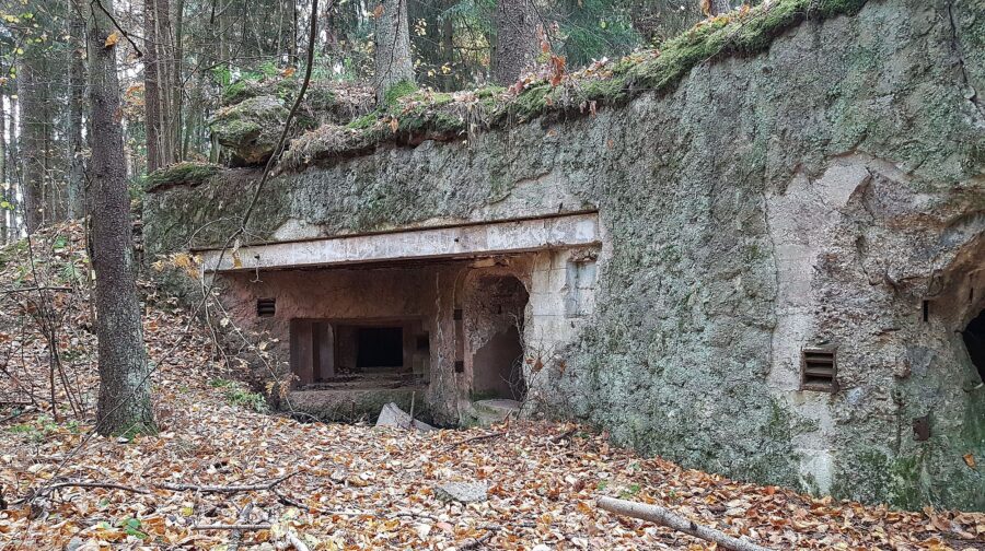 Fot. 01. Widok tylnej elewacji schronu B1-6 ze stanowiskiem obrony wejścia i zapola. (Wikno, Pozycja Olsztynecka), (Fot. Franz Aufmann).